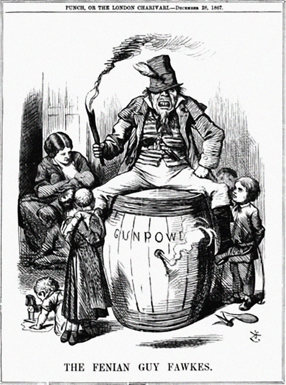 ”The Fenian Guy Fawkes" by John Tenniel, published in Punch magazine, on 28 December 1867 (Public Domain)