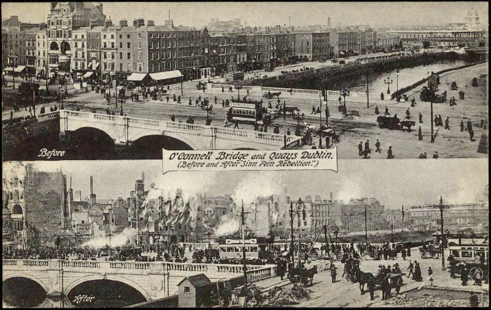 Sackville Street (now O'Connell Street) before and after the Rising in 1916